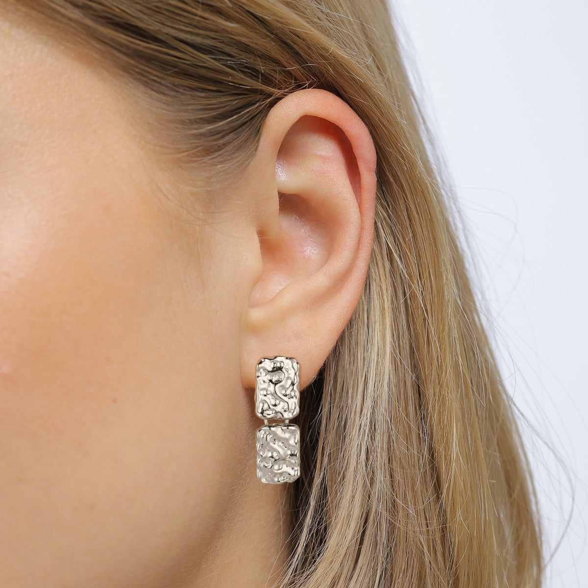 Hammered Rectangle Drop Stud Earrings 925 Silver