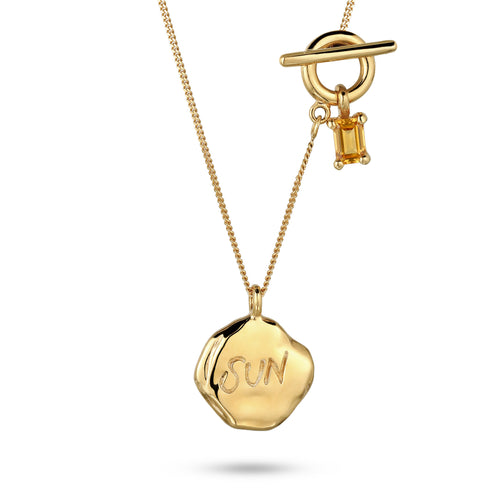 SUN Coin Toggle Necklace 925 Silver Gold Plated Citrine