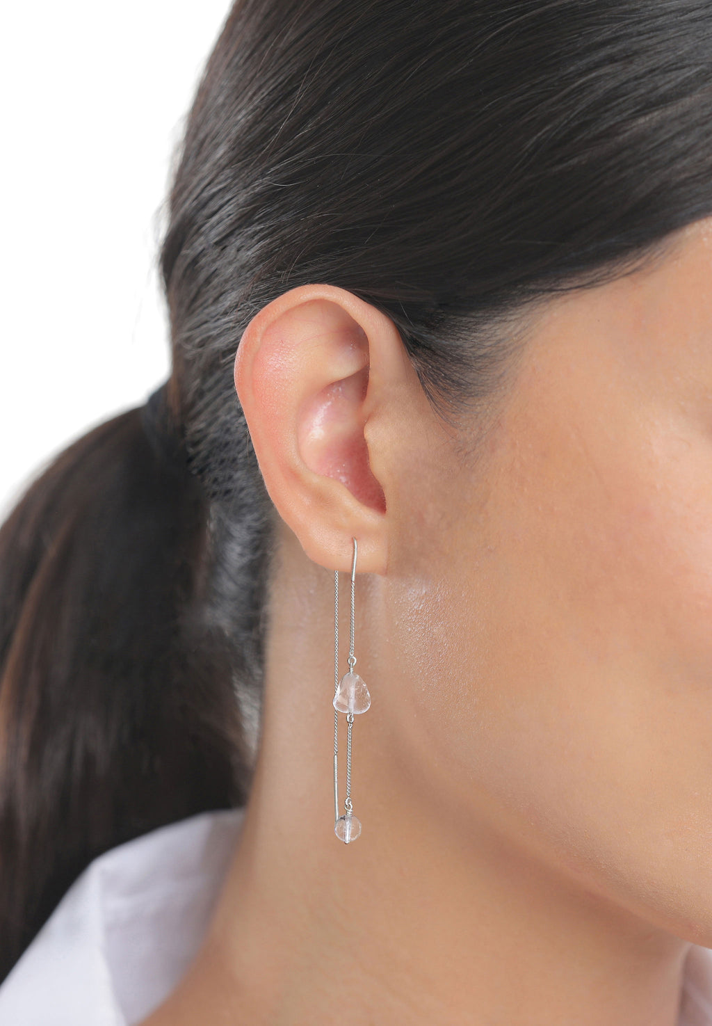 Nugget Threader Earrings 925 Silver Rock Crystal