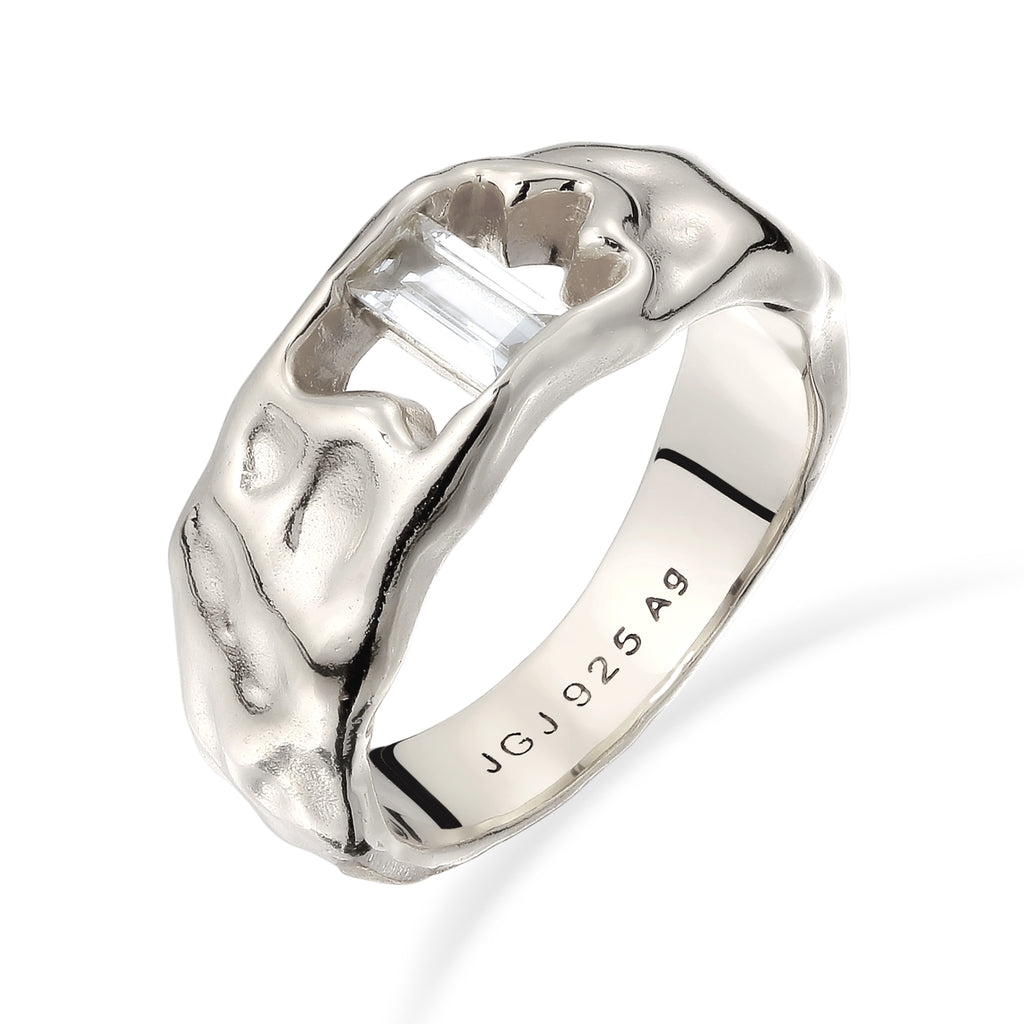 Hammered Statement Ring 925 Silver White Topaz
