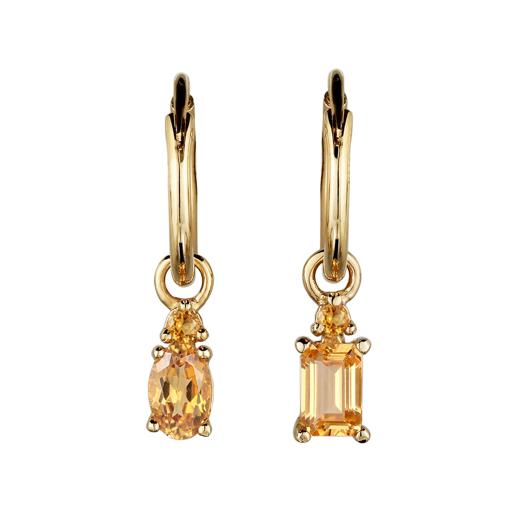 Mismatched Drop Huggie Earrings 925 Silver Gold Plated Citrine
