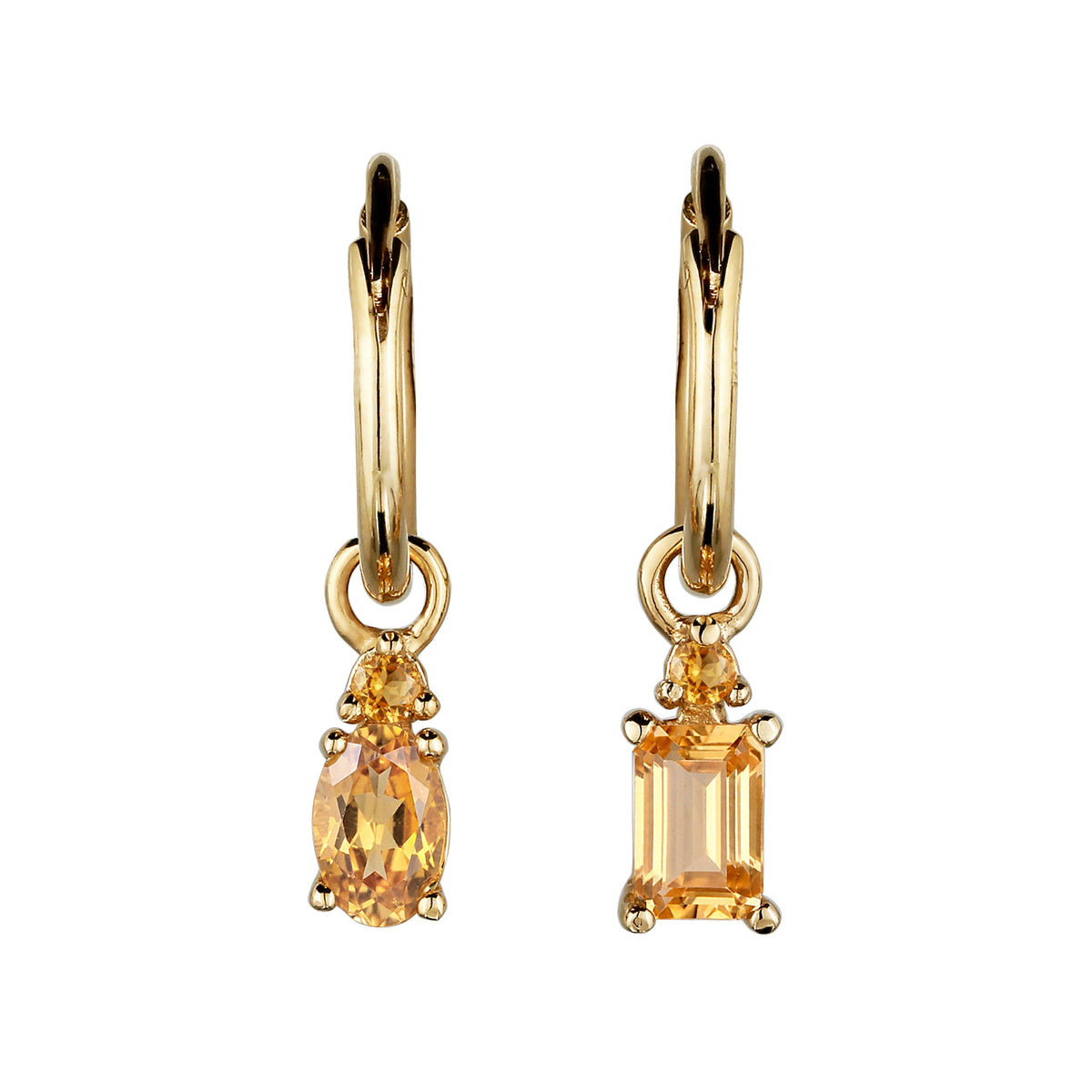 Mismatched Drop Huggie Earrings 925 Silver Gold Plated Citrine