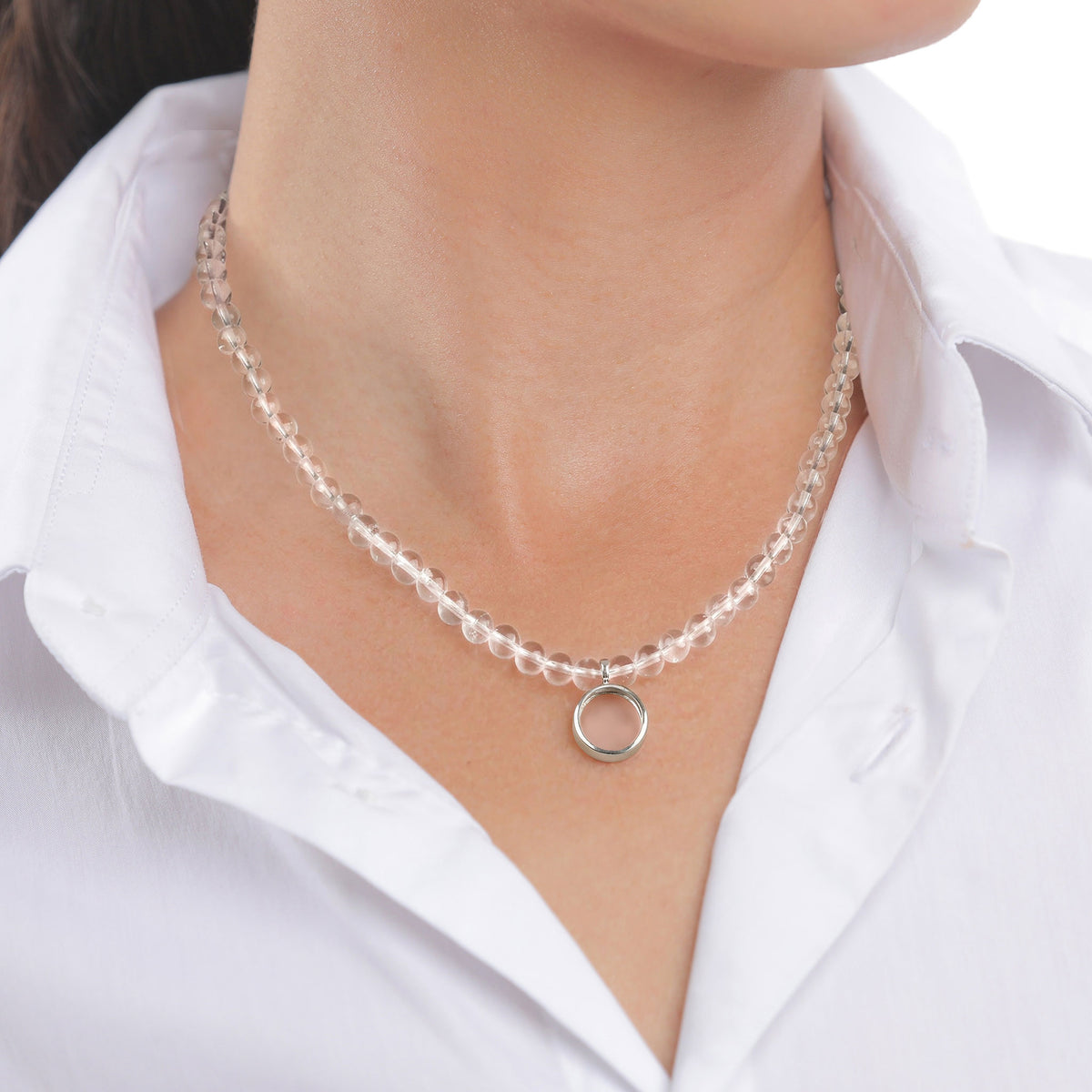 Beaded Disc Pendant Necklace 925 Silver Rock Crystal