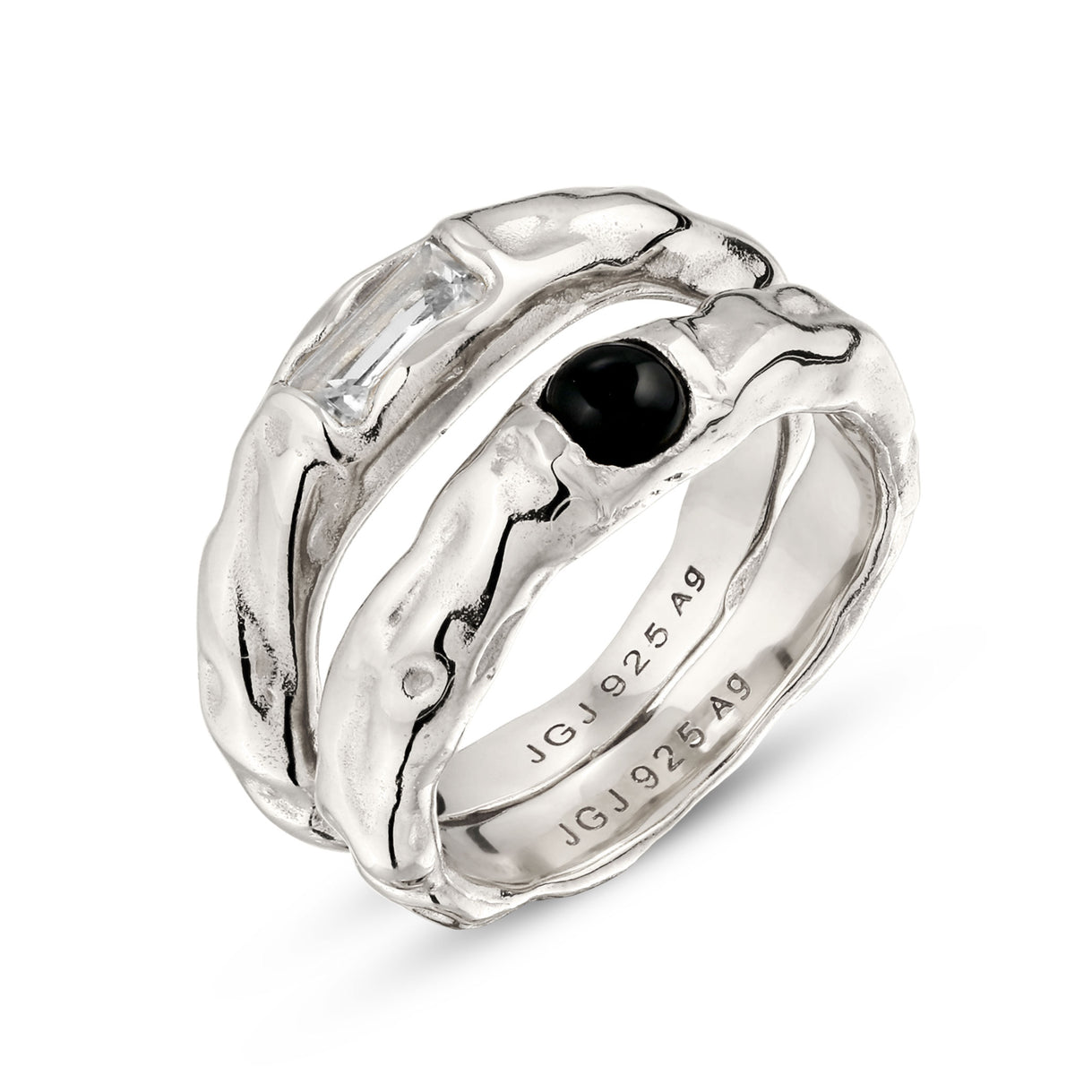 Molten Ring Set 925 Silver Black Onyx White Topaz