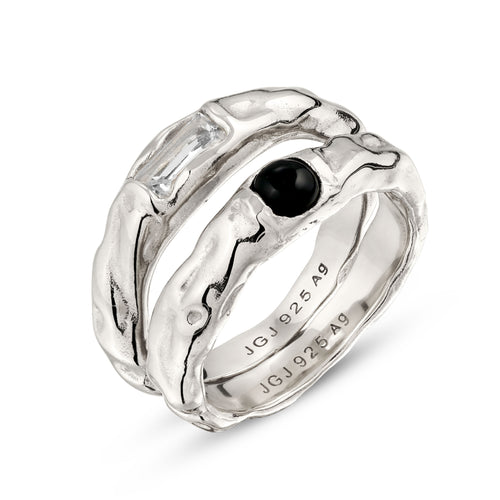 Molten Ring Set 925 Silver Black Onyx White Topaz