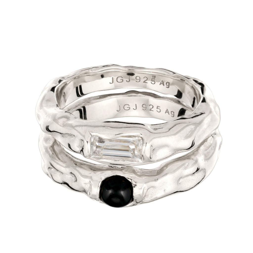 Molten Ring Set 925 Silver Black Onyx White Topaz