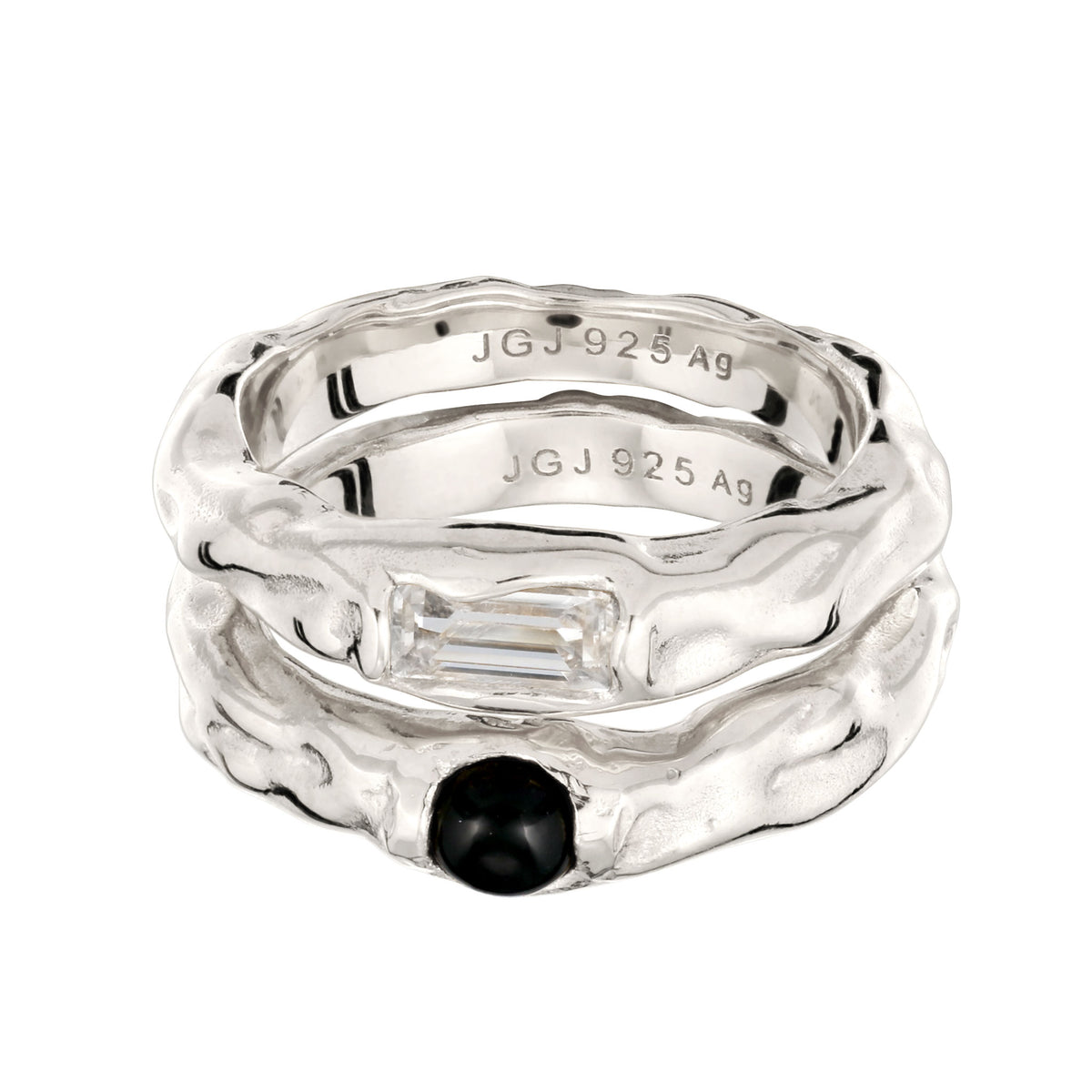 Molten Ring Set 925 Silver Black Onyx White Topaz