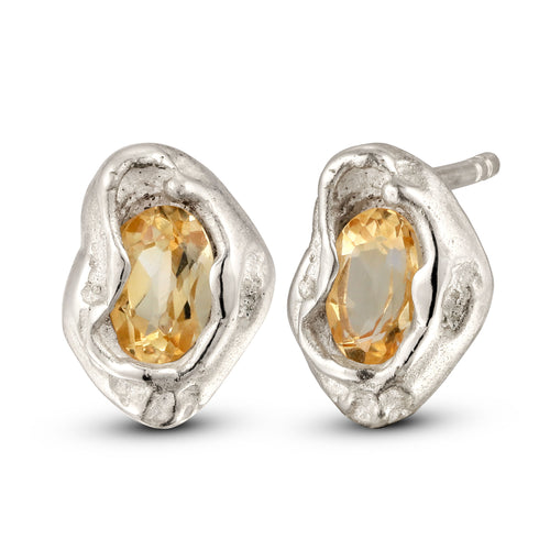 Hammered Oval Stud Earrings 925 Silver Citrine