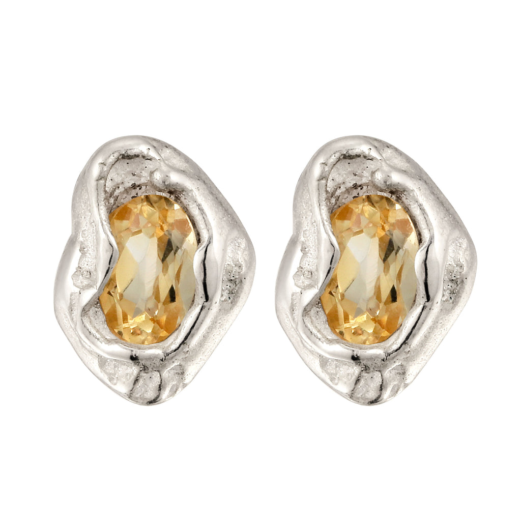 Hammered Oval Stud Earrings 925 Silver Citrine