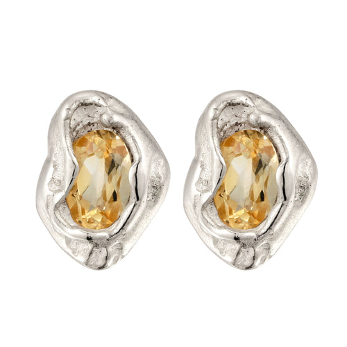 Hammered Oval Stud Earrings 925 Silver Citrine
