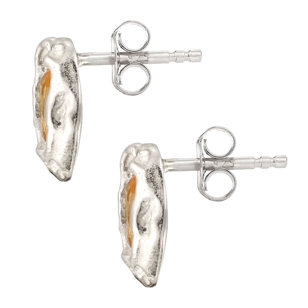 Hammered Oval Stud Earrings 925 Silver Citrine